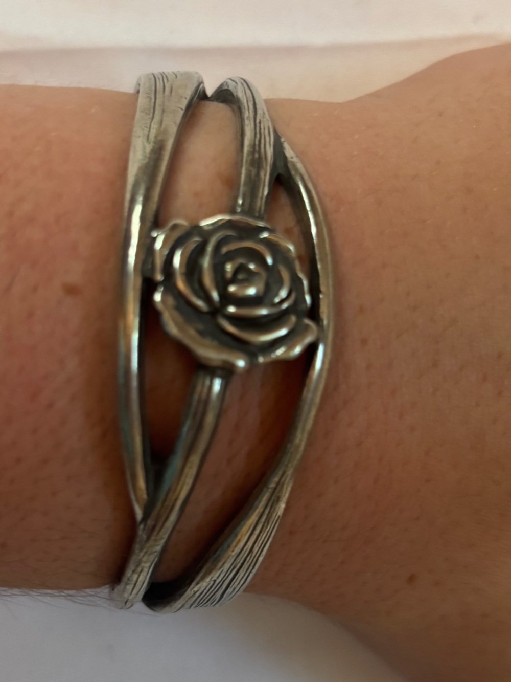 Antique Silver-Tone Rose Cuff Bracelet - Women's Floral Accent